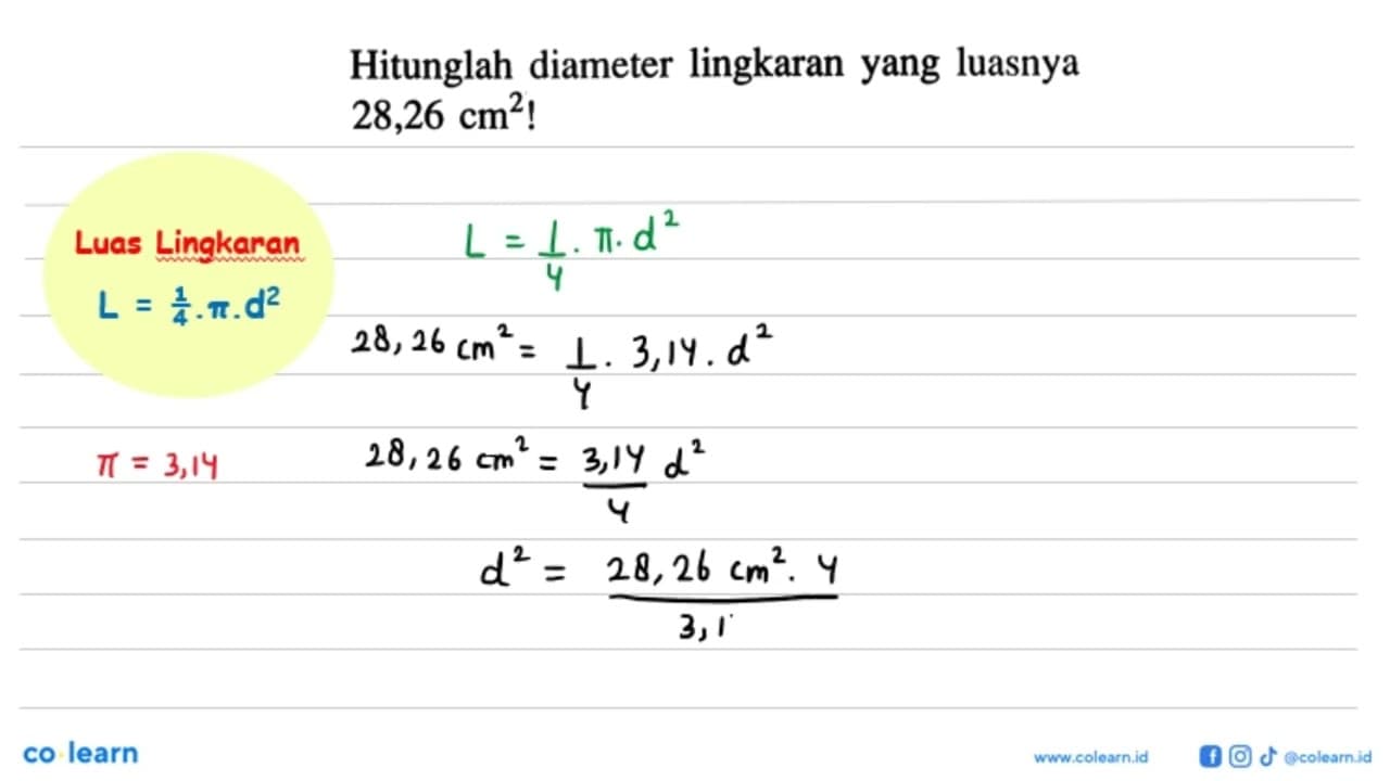 Hitunglah diameter lingkaran yang luasnya 28,26 cm^2!