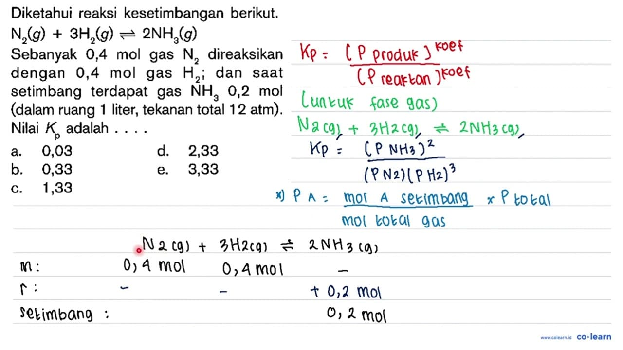 Diketahui reaksi kesetimbangan berikut. N2 (g) + 3H2 (g)