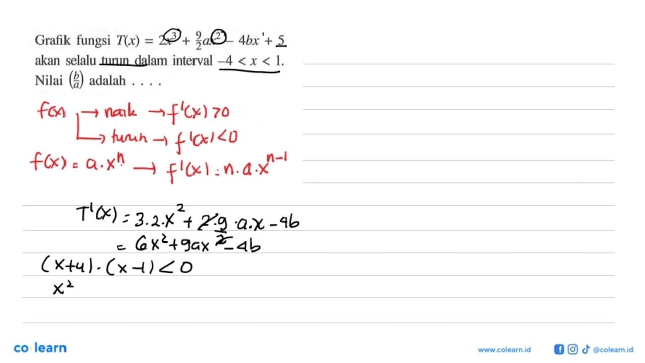 Grafik fungsi T(x)=2x^3+(9/2 a x^2)-4bx+5 akan selalu turun