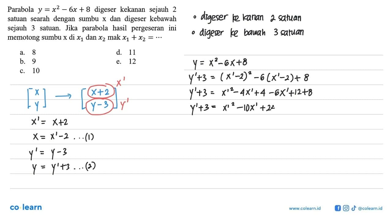 Parabola y=x^2-6x + 8 digeser kekanan sejauh 2 satuan