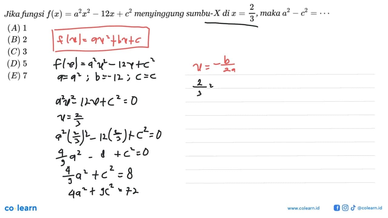 Jika fungsi f(x) = a^2x^2 - 12x + c^2 menyinggung sumbu-X