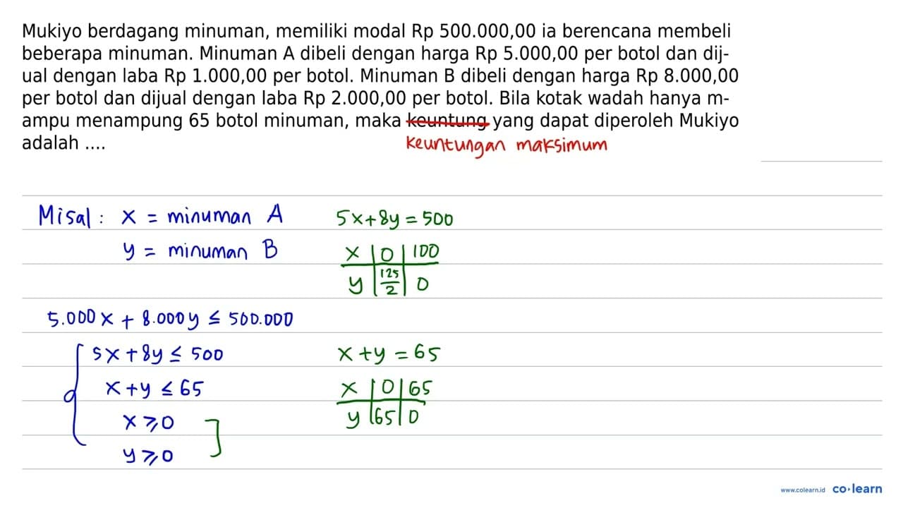 Mukiyo berdagang minuman, memiliki modal Rp 500.000,00 ia