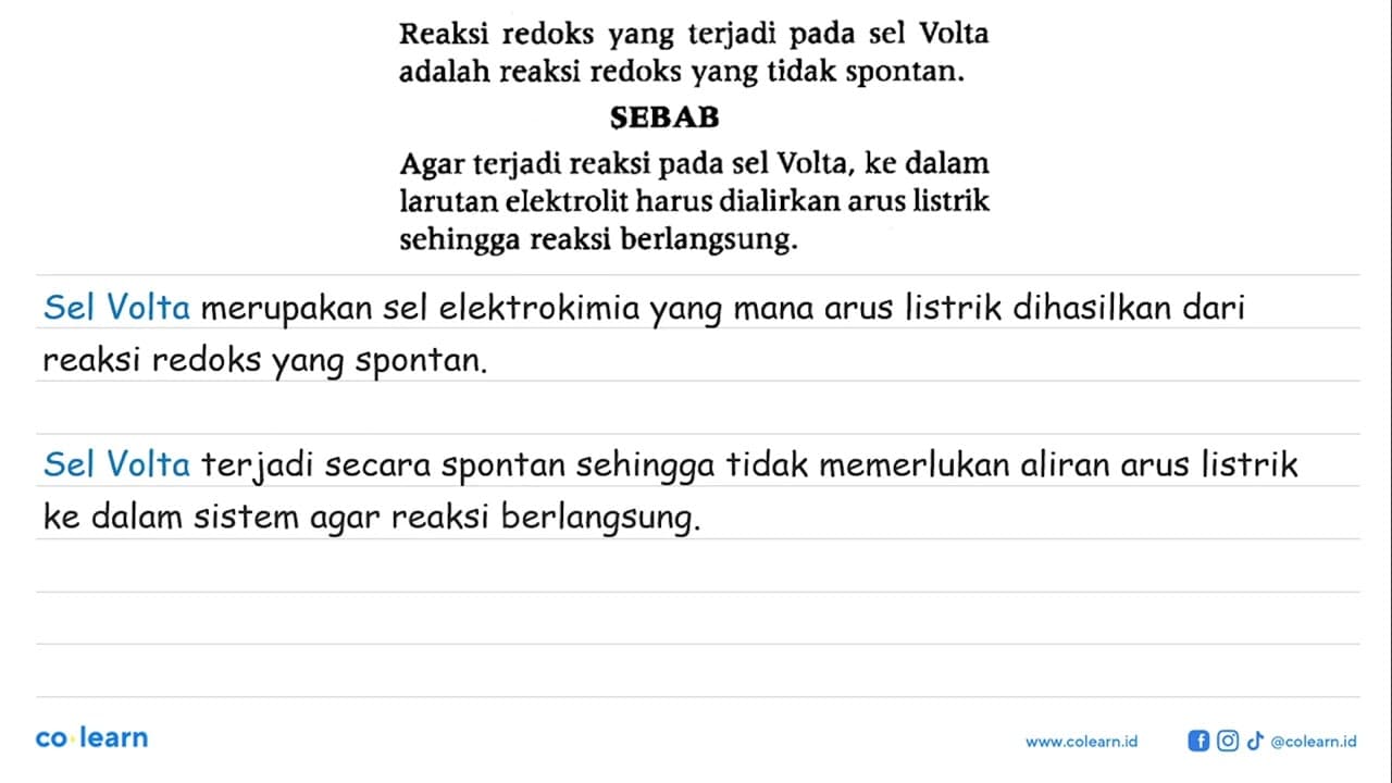 Reaksi redoks yang terjadi pada sel Volta adalah reaksi