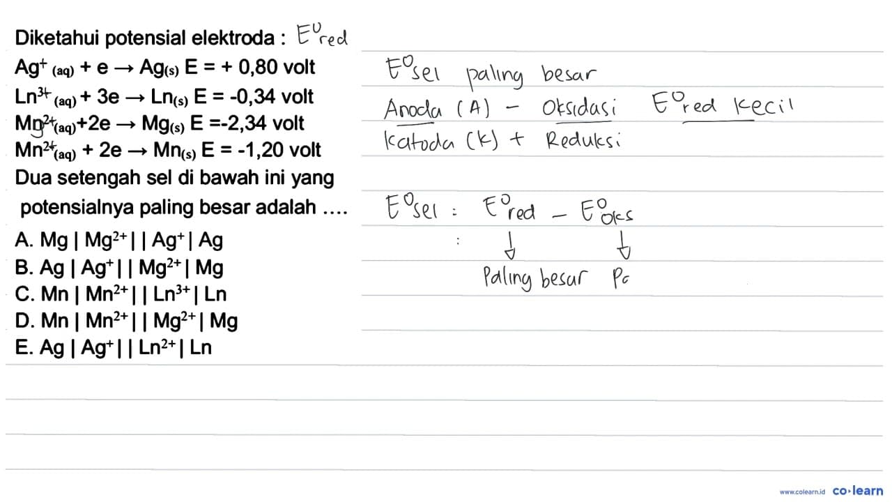 Diketahui potensial elektroda :Ag^-(aq)+e -> Ag(s) E=+0,80