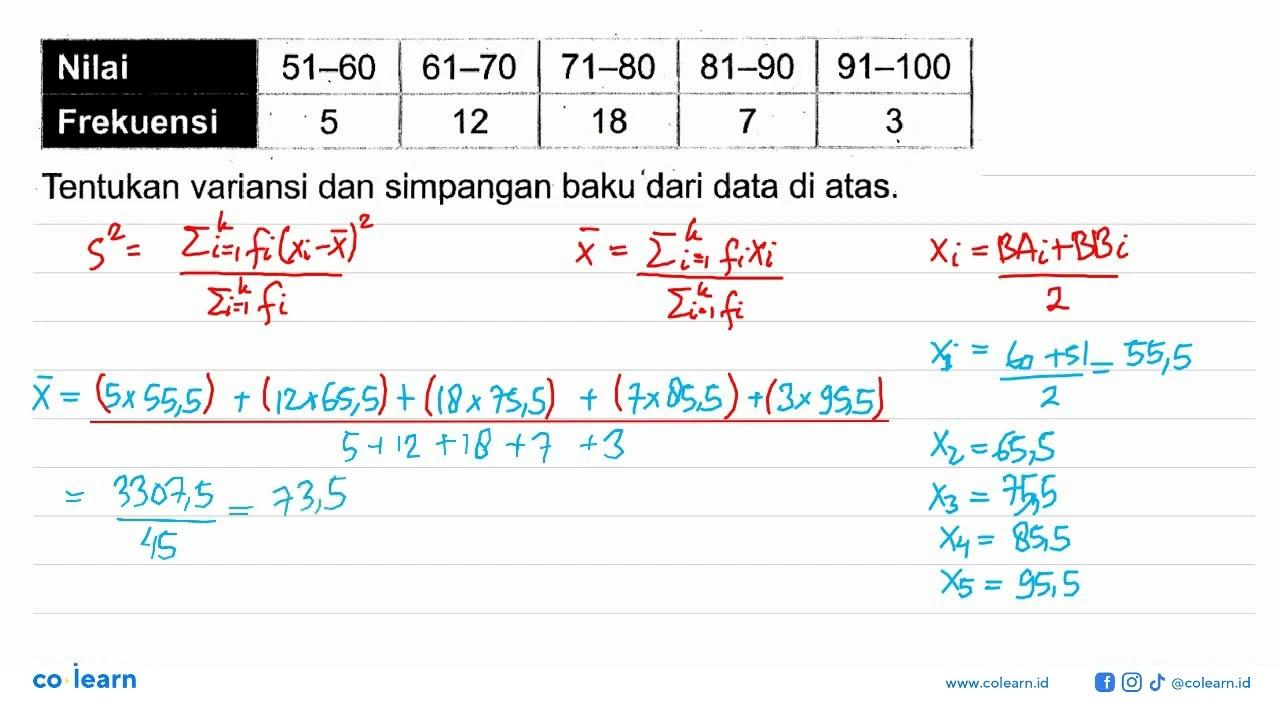 Nilai 51-60 61-70 71-80 81-90 91-100 Frekuensi 5 12 18 7 3