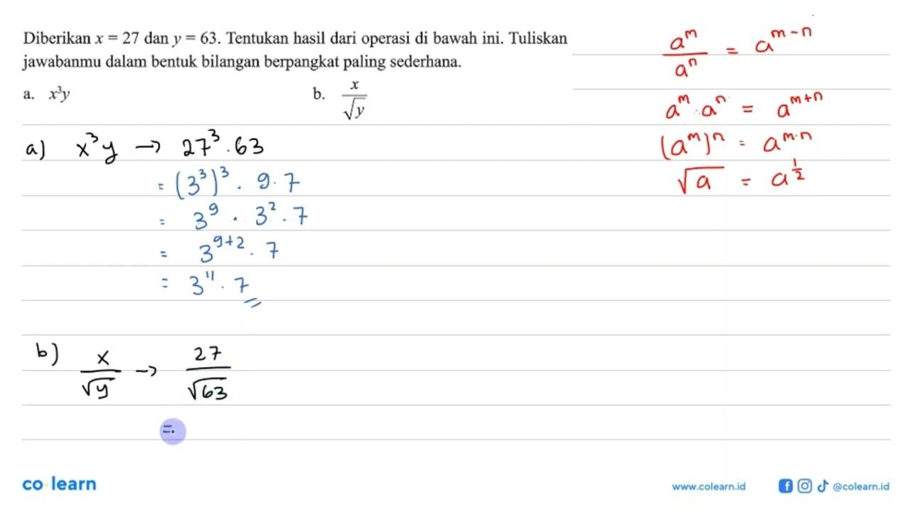 Diberikan x = 27 dan y= 63. Tentukan hasil dari operasi di