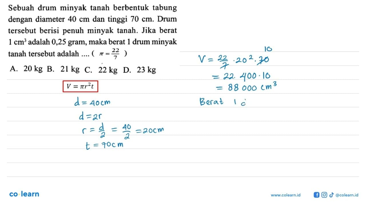 Sebuah drum minyak tanah berbentuk tabung dengan diameter