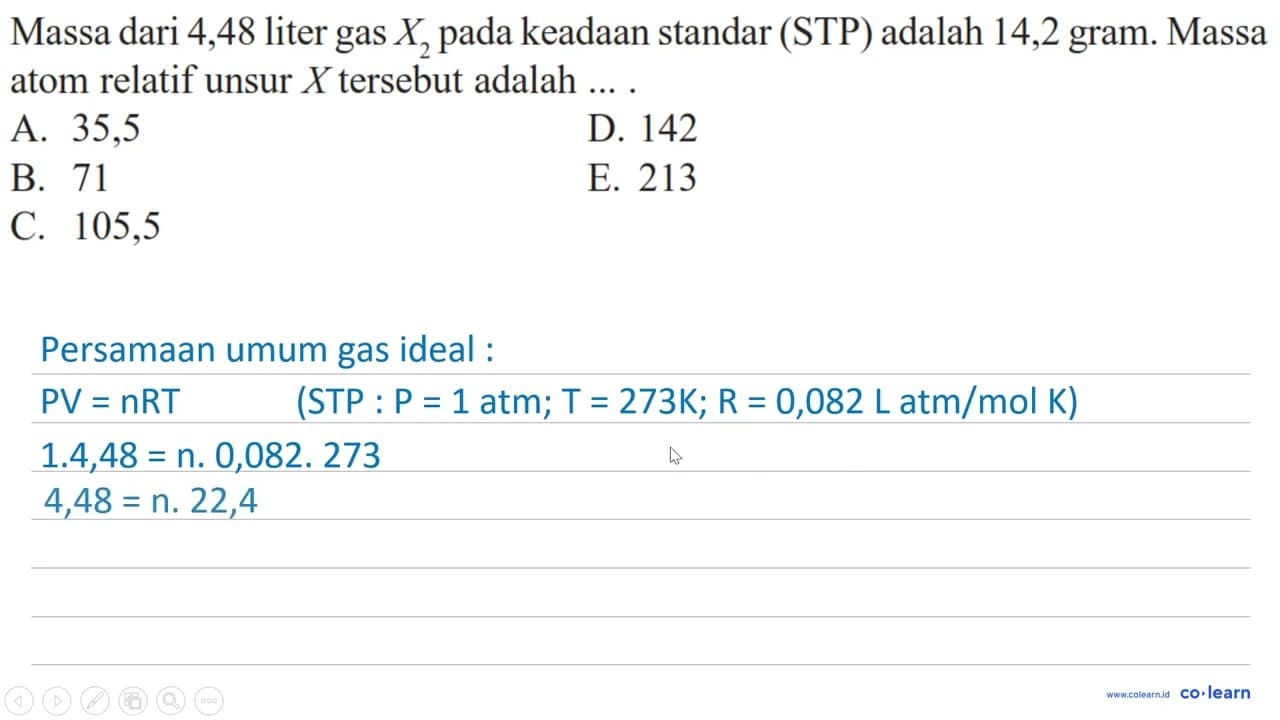 Massa dari 4,48 liter gas X2 pada keadaan standar (STP)