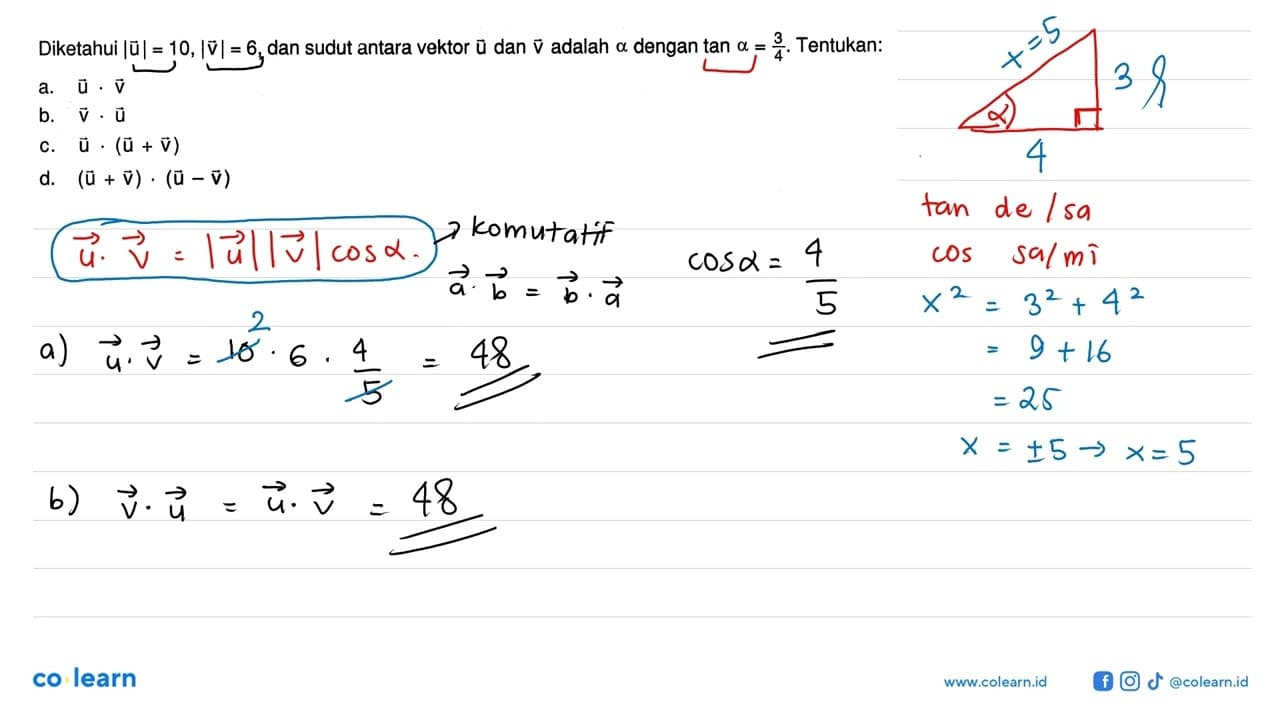 Diketahui |vektor u|=10,|vektor v|=6 , dan sudut antara