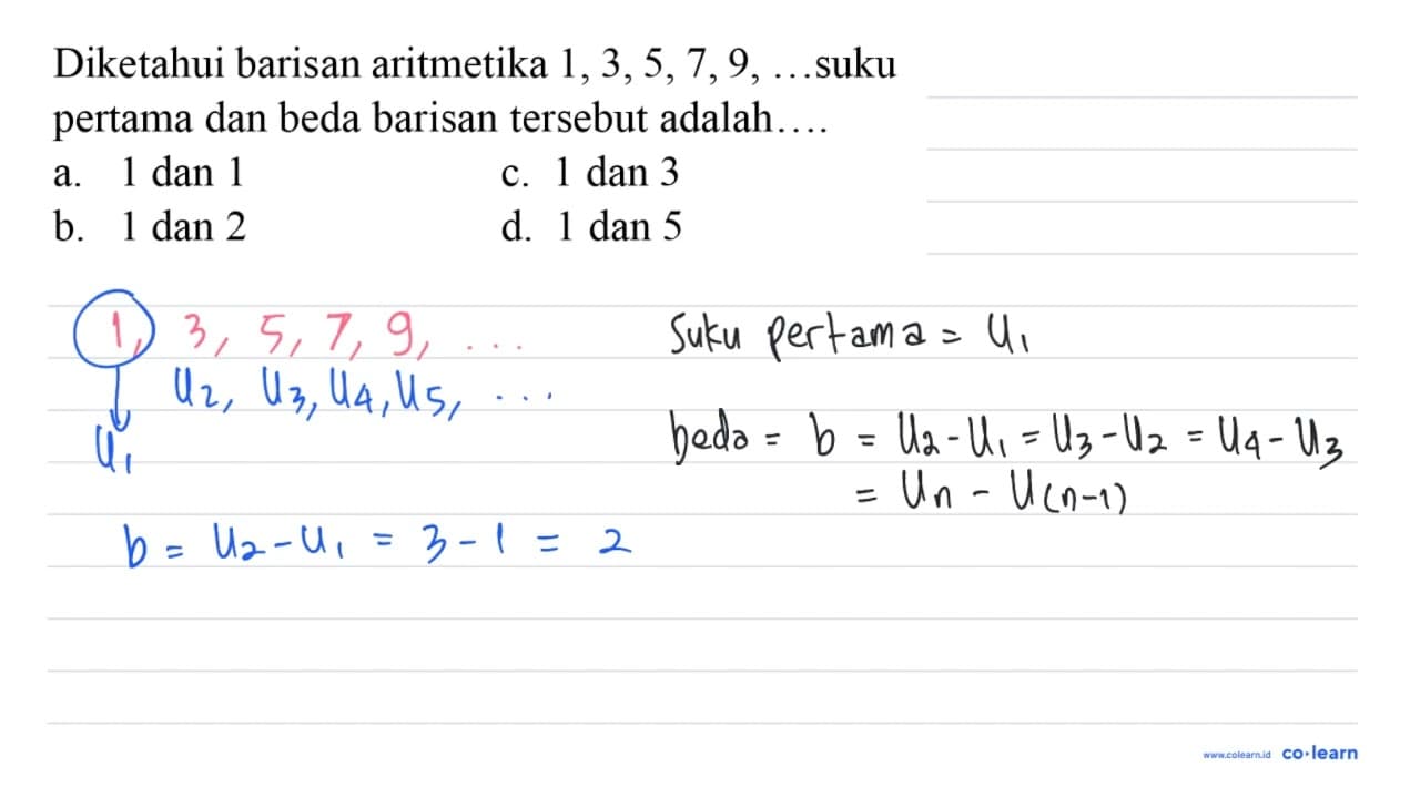 Diketahui barisan aritmetika 1,3,5,7,9, ... suku pertama