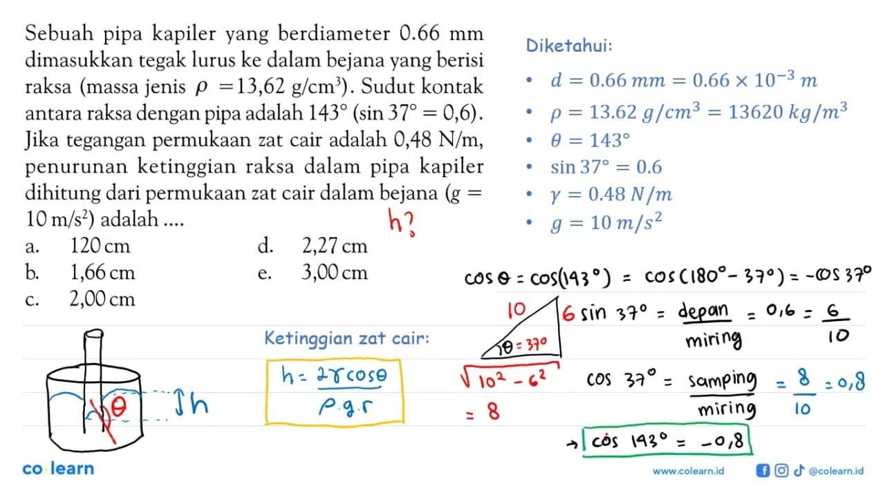 Sebuah pipa kapiler yang berdiameter 0.66 mm dimasukkan