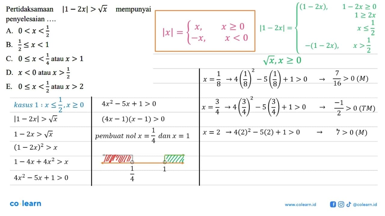 Pertidaksamaan |1-2x|>akar(x) mempunyai penyelesaian ... A.