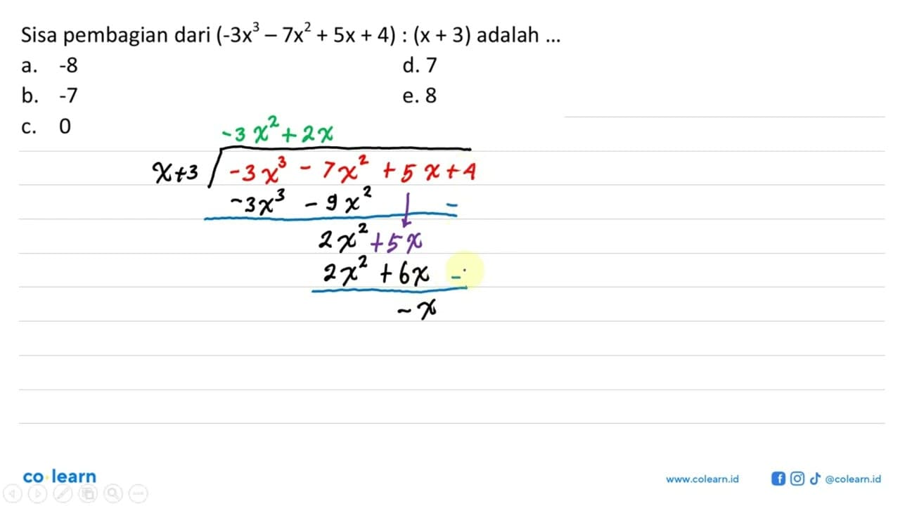 Sisa pembagian dari (-3x^3-7x^2 +5x+4) : (x+3) adalah