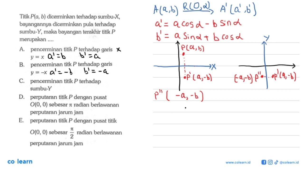 Titik P(a, b) dicerminkan terhadap sumbu-X, bayangannya