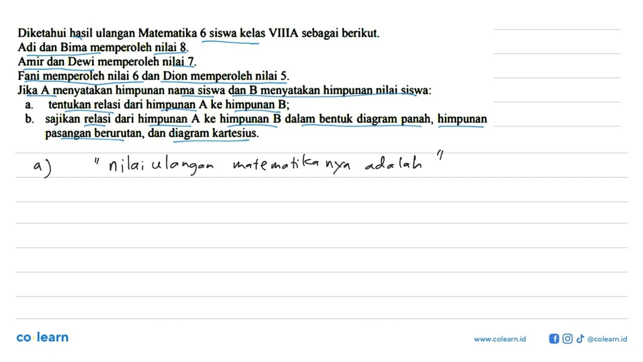 Diketahui hasil ulangan Matematika 6 siswa kelas VIIIA