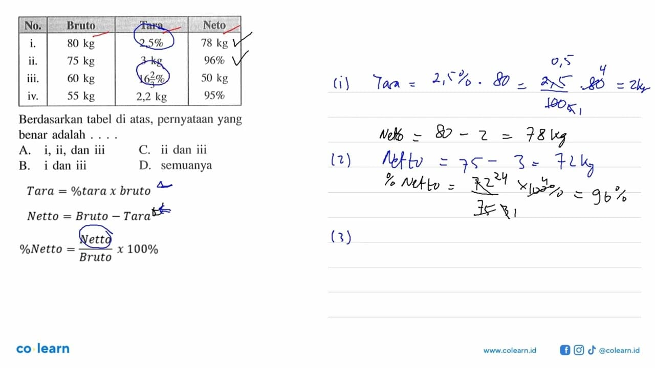 /cc| No. Bruto Tara Neto i. 80 kg 2,5% 78 kg ii. 75 kg 3 kg