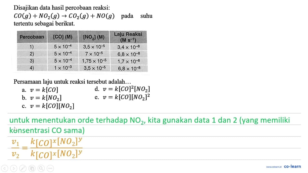 Disajikan data hasil percobaan reaksi : CO (g) + NO2 (g) -