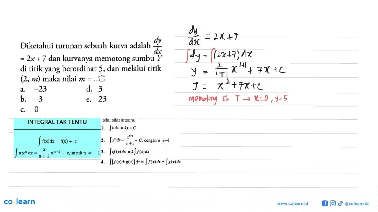 Diketahui turunan sebuah kurva adalah dy/dx=2x+7 dan