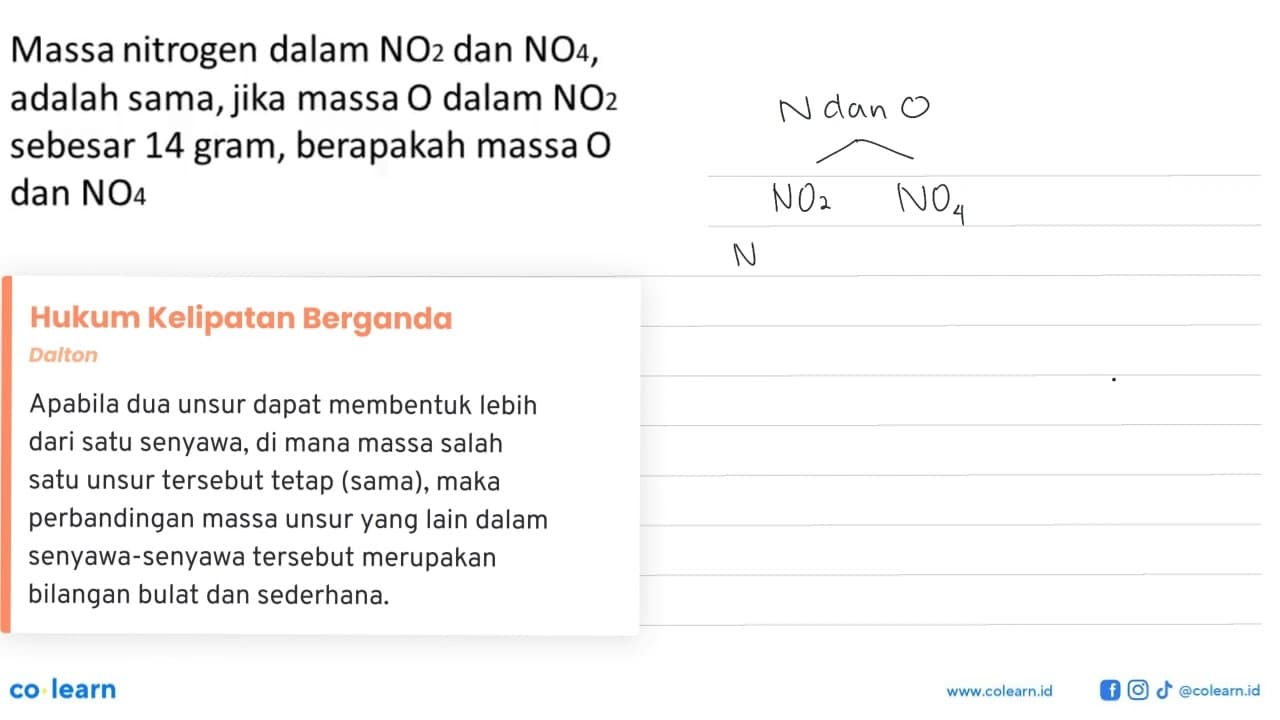 Massa nitrogen dalam NO2 dan NO4 adalah sama, jika massa O