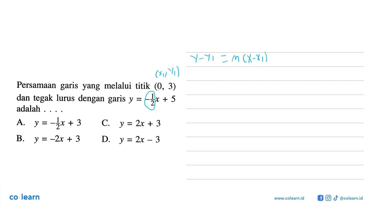 Persamaan garis yang melalui titik (0, 3) dan tegak lurus