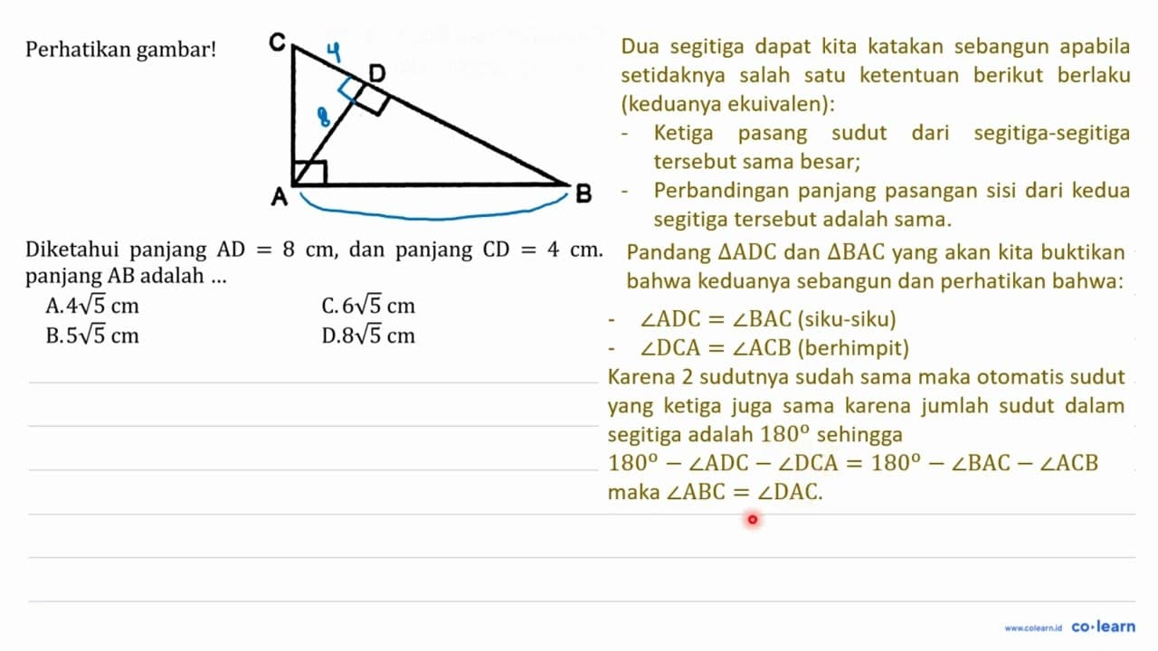 Perhatikan gambar! A B C D Diketahui panjang AD = 8 cm, dan