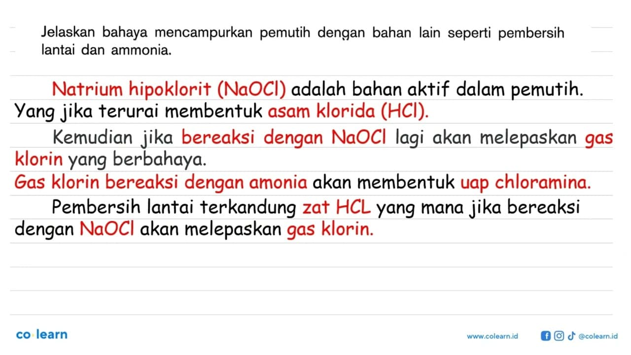 Jelaskan bahaya mencampurkan pemutih dengan bahan lain