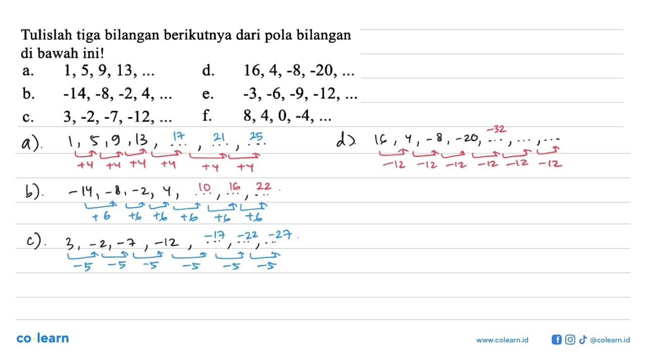 Tulislah tiga bilangan berikutnya dari pola bilangan di