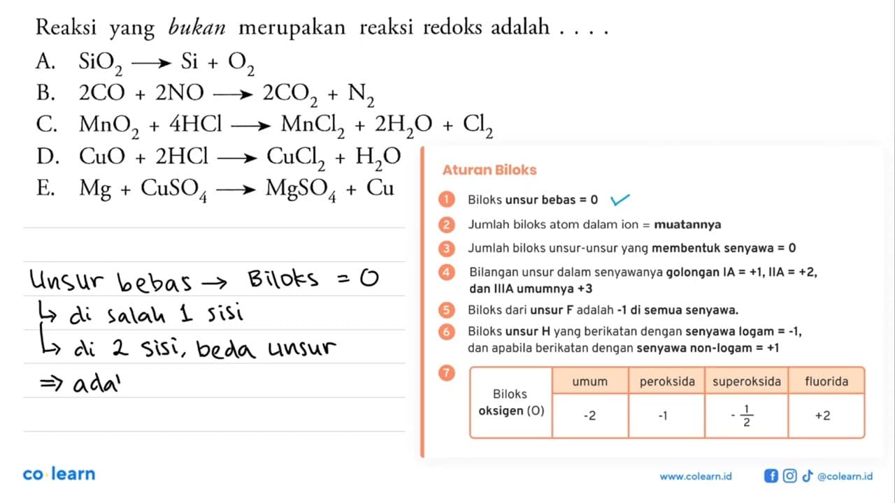 Reaksi yang bukan merupakan reaksi redoks adalah ...