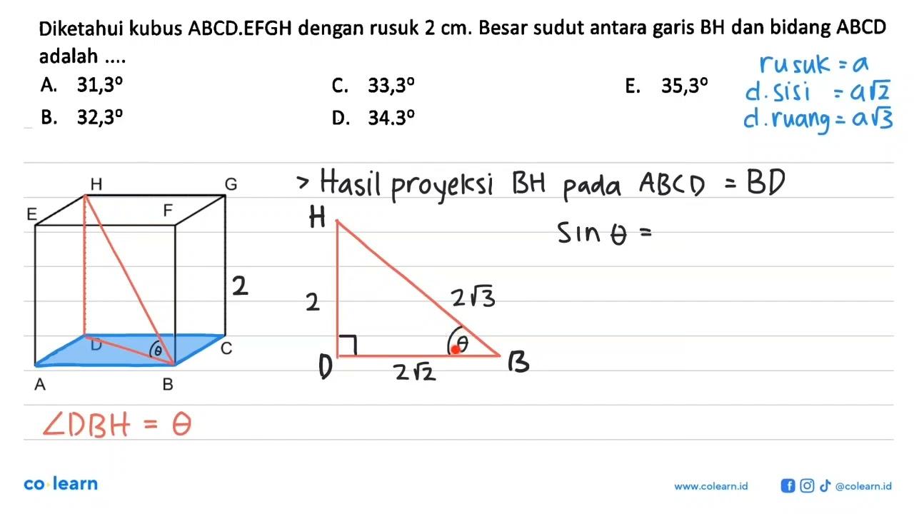 Diketahui kubus ABCD.EFGH dengan rusuk 2 cm. Besar sudut