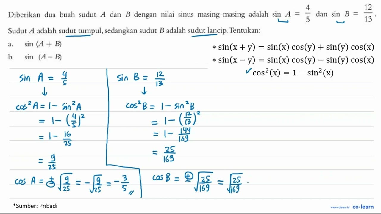 Diberikan dua buah sudut A dan B dengan nilai sinus