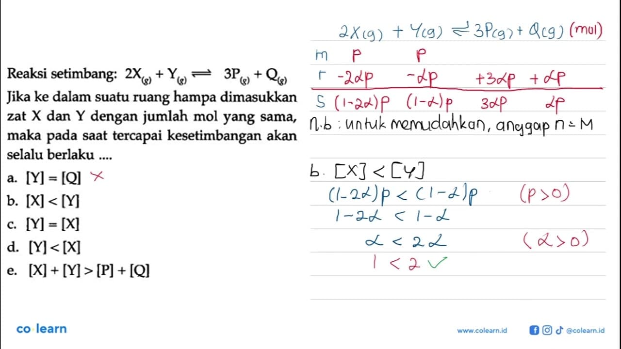 Reaksi setimbang: 2X(g)+Y(g) <=> 3 P(g)+Q(g) Jika ke dalam