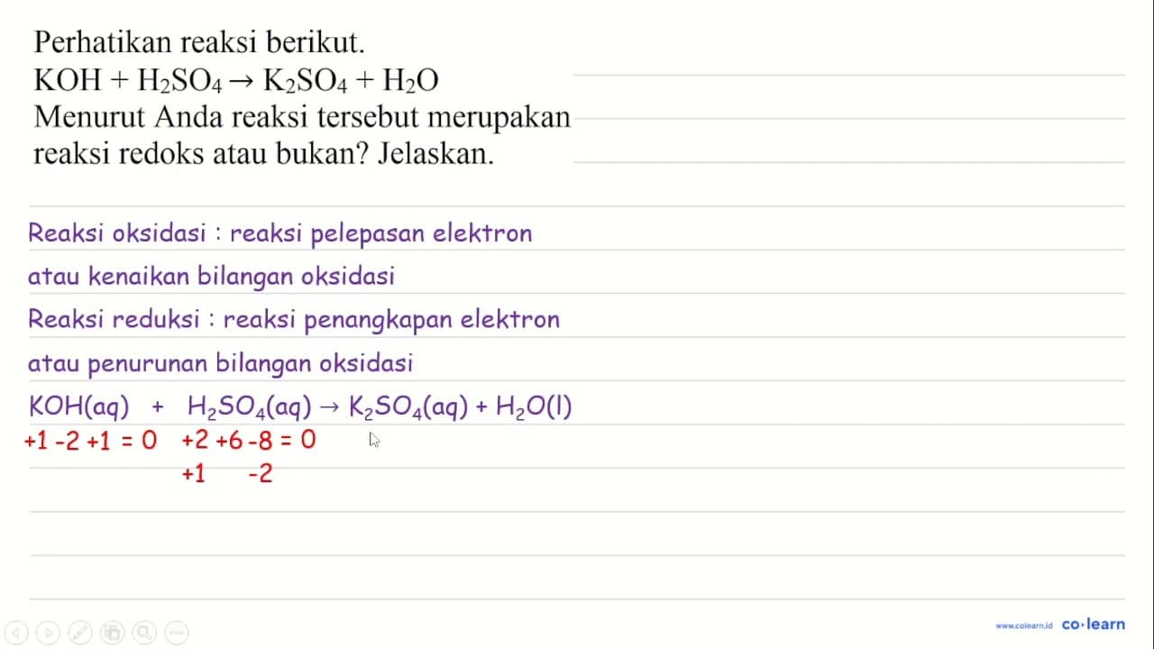 Perhatikan reaksi berikut. KOH+H_(2) SO_(4) -> K_(2)