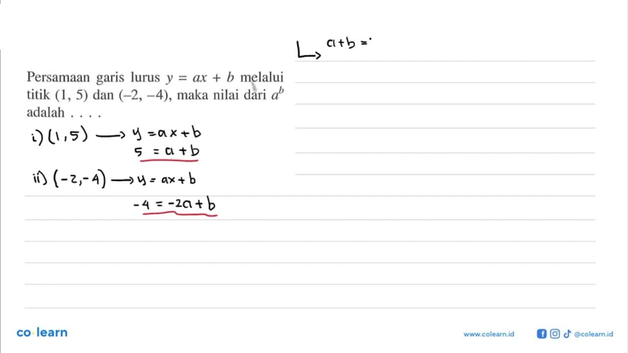 Persamaan garis lurus y =ax+b melalui titik (1, 5) dan