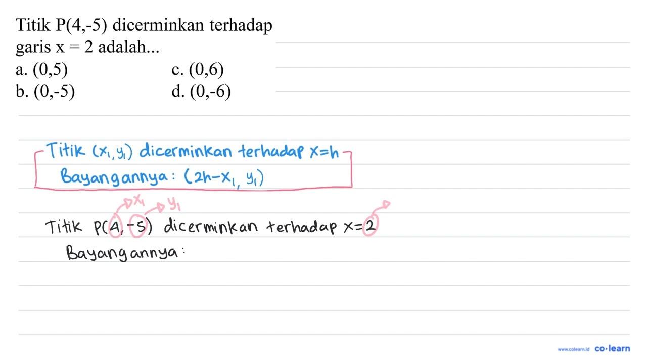 Titik kg(4,-5) dicerminkan terhadap garis x=2 adalah... a.