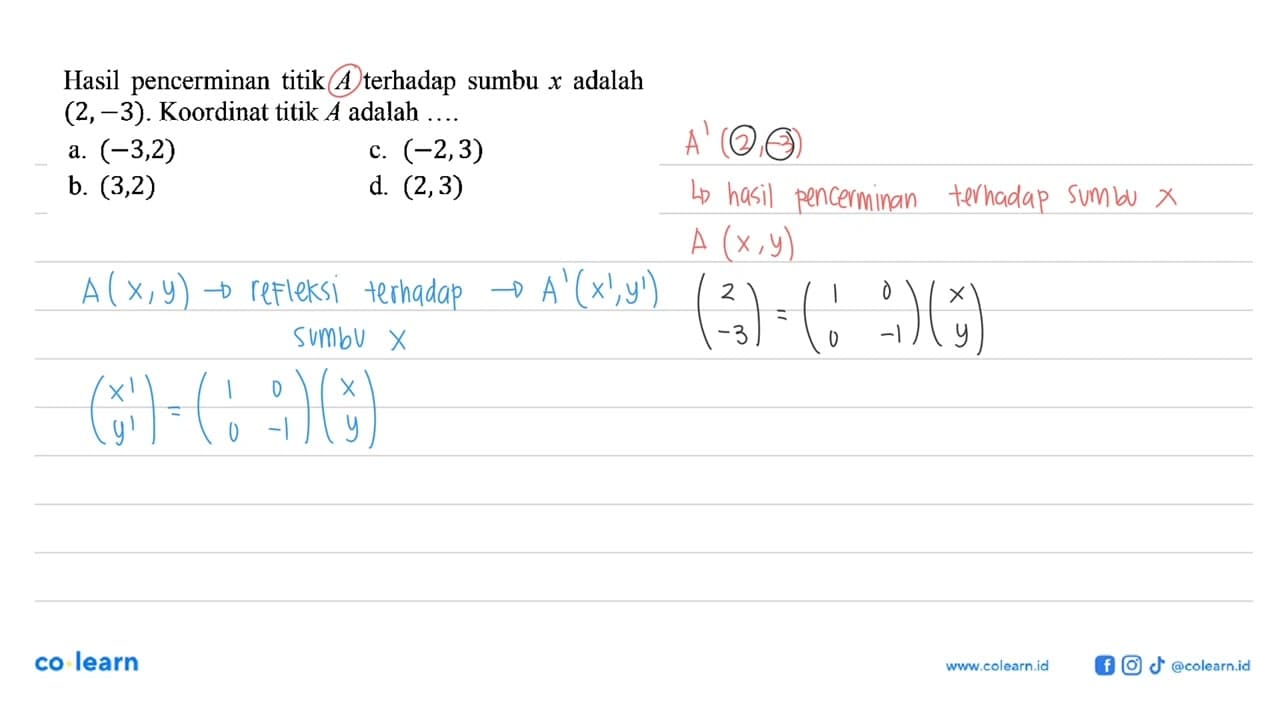 terhadap sumbu Hasil pencerminan titik X adalah A (2,-3).