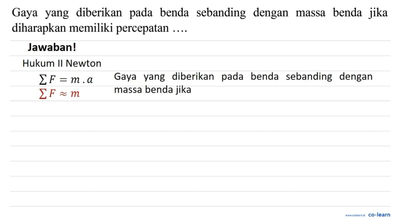 Gaya yang diberikan pada benda sebanding dengan massa benda