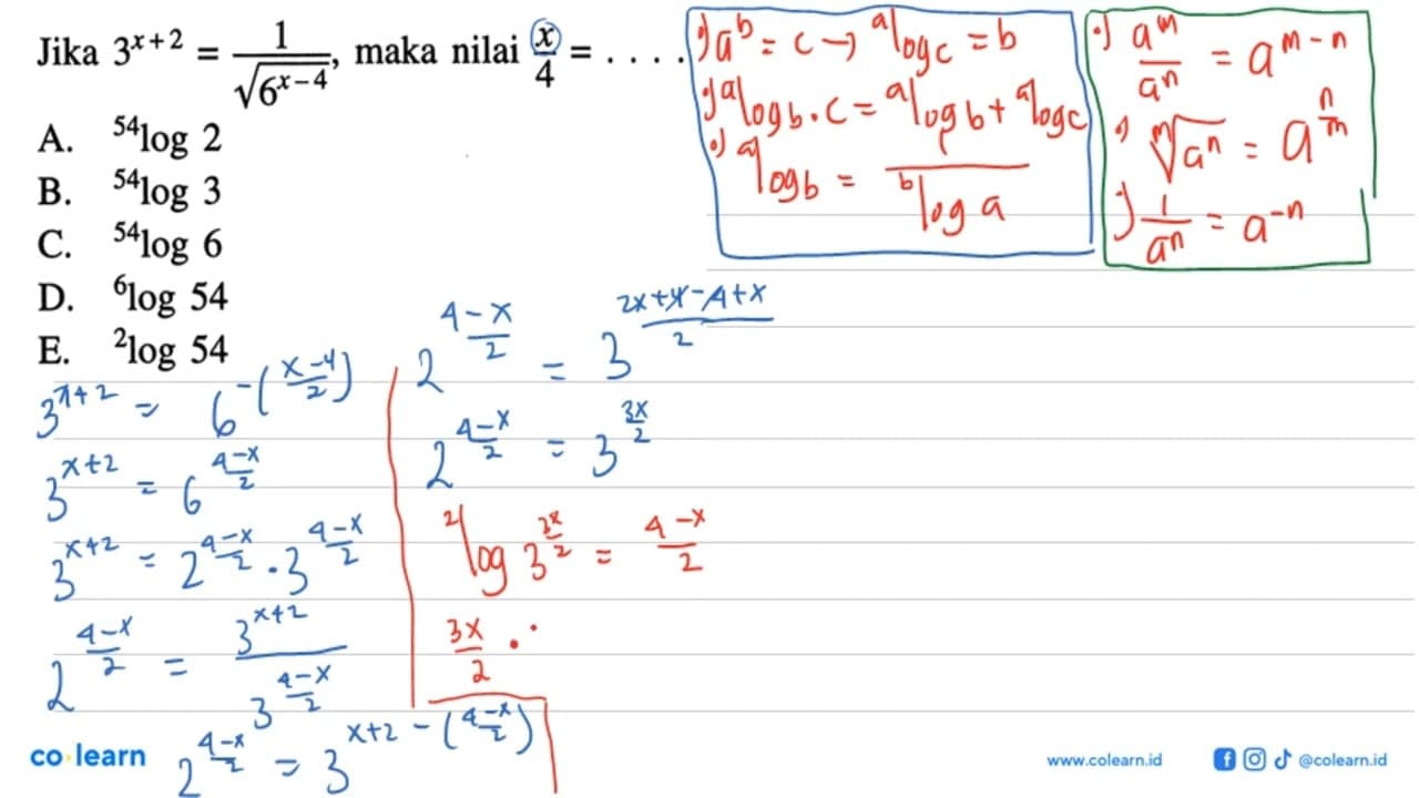 Jika 3^(x+2)=1/(akar(6^(x-4))), maka nilai x/4=....