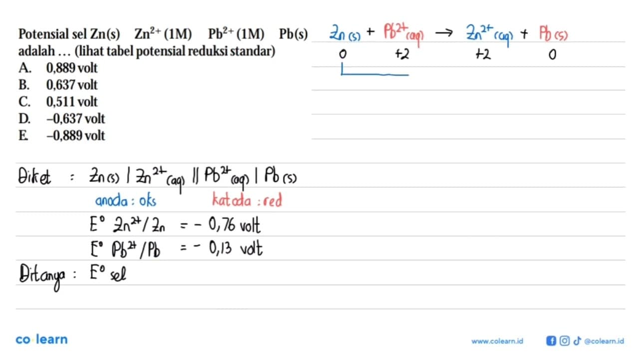 Potensial sel Zn(s) Zn^(2+) (1M) Pb^(2+) (1M) Pb(s) adalah