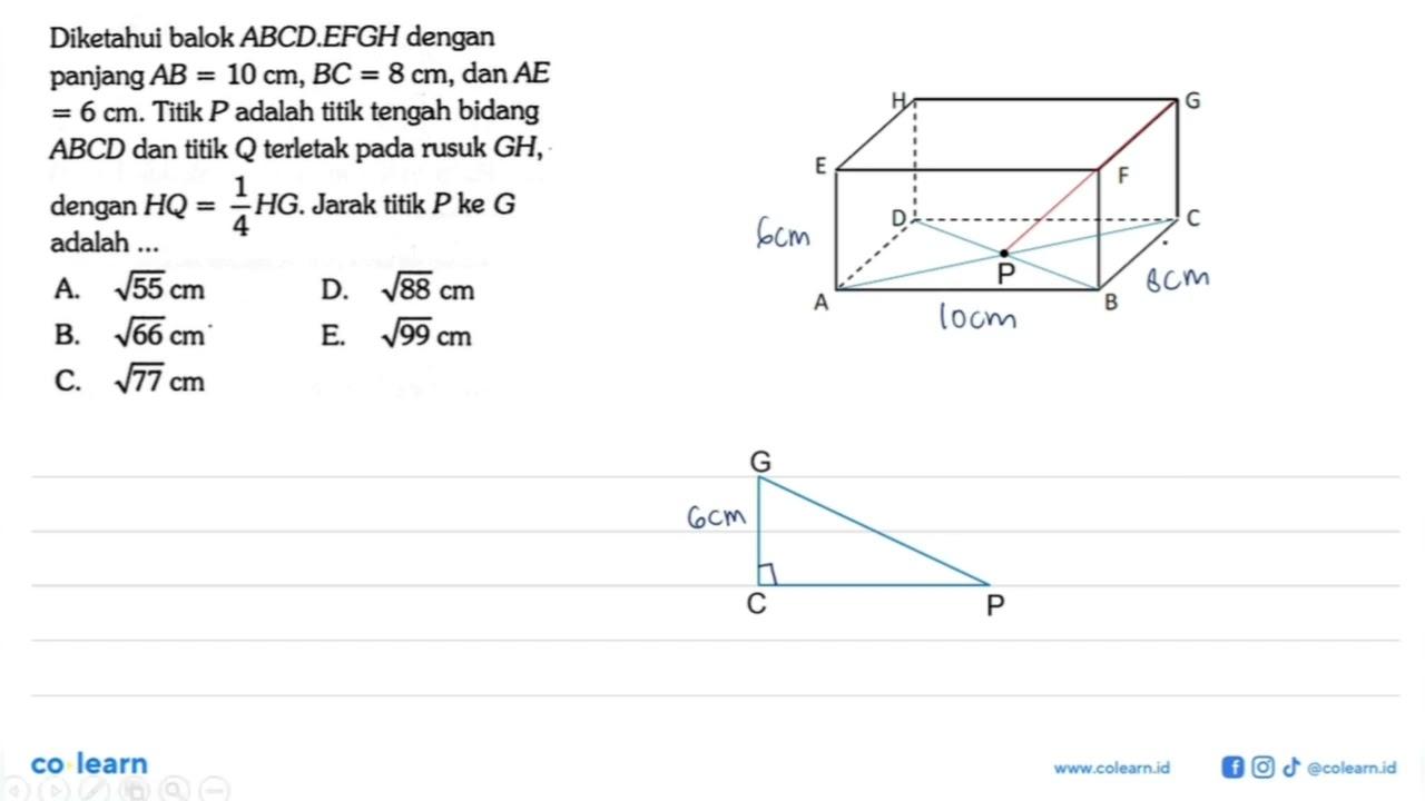 Diketahui balok ABCD.EFGH dengan panjang AB=10 cm, BC=8 cm,