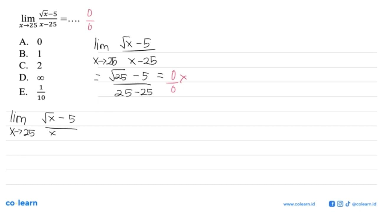 lim x->25 (akar(x)-5)/(x-25)= ....