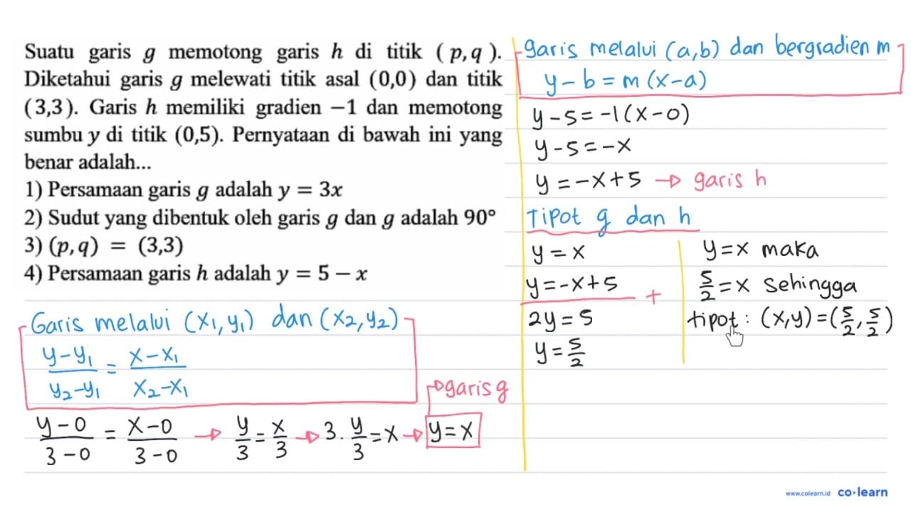 Suatu garis g memotong garis h di titik (p, q) . Diketahui