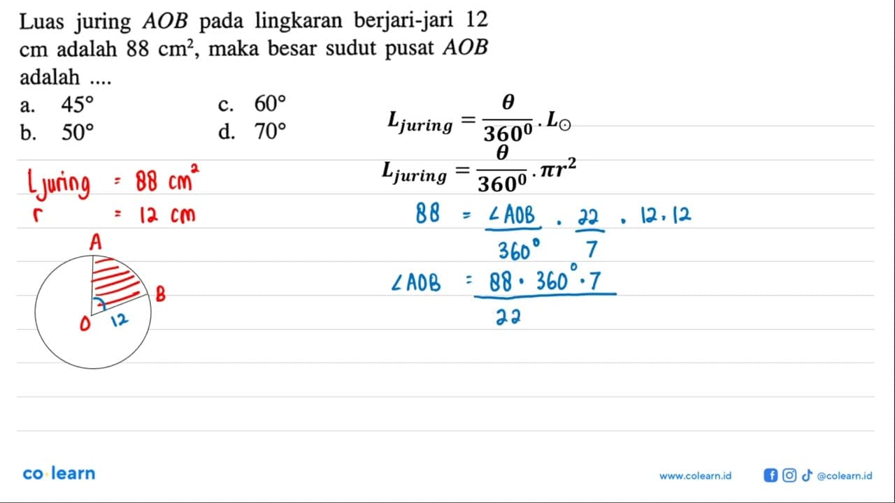 Luas juring AOB pada lingkaran berjari-jari 12 cm adalah 88