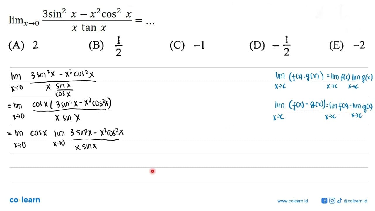 limit x->0 (3sin^2 x-x^2 cos^2 x)/(xtanx)= ...