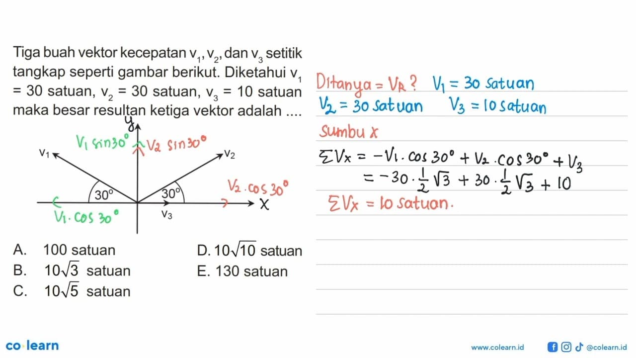 Tiga buah vektor kecepatan v1, v2, dan v3 setitik tangkap