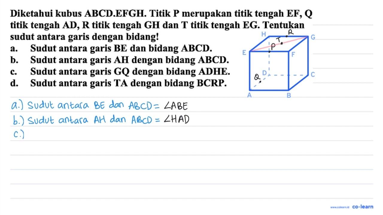 Diketahui kubus ABCD.EFGH. Titik P merupakan titik tengah