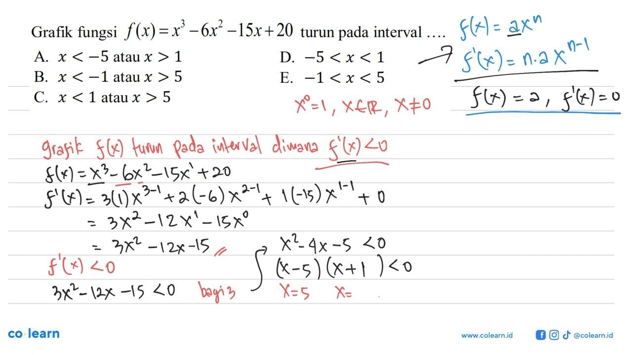 Grafik fungsi f(x)=x^3-6x^2-15x+20 turun pada interval ....