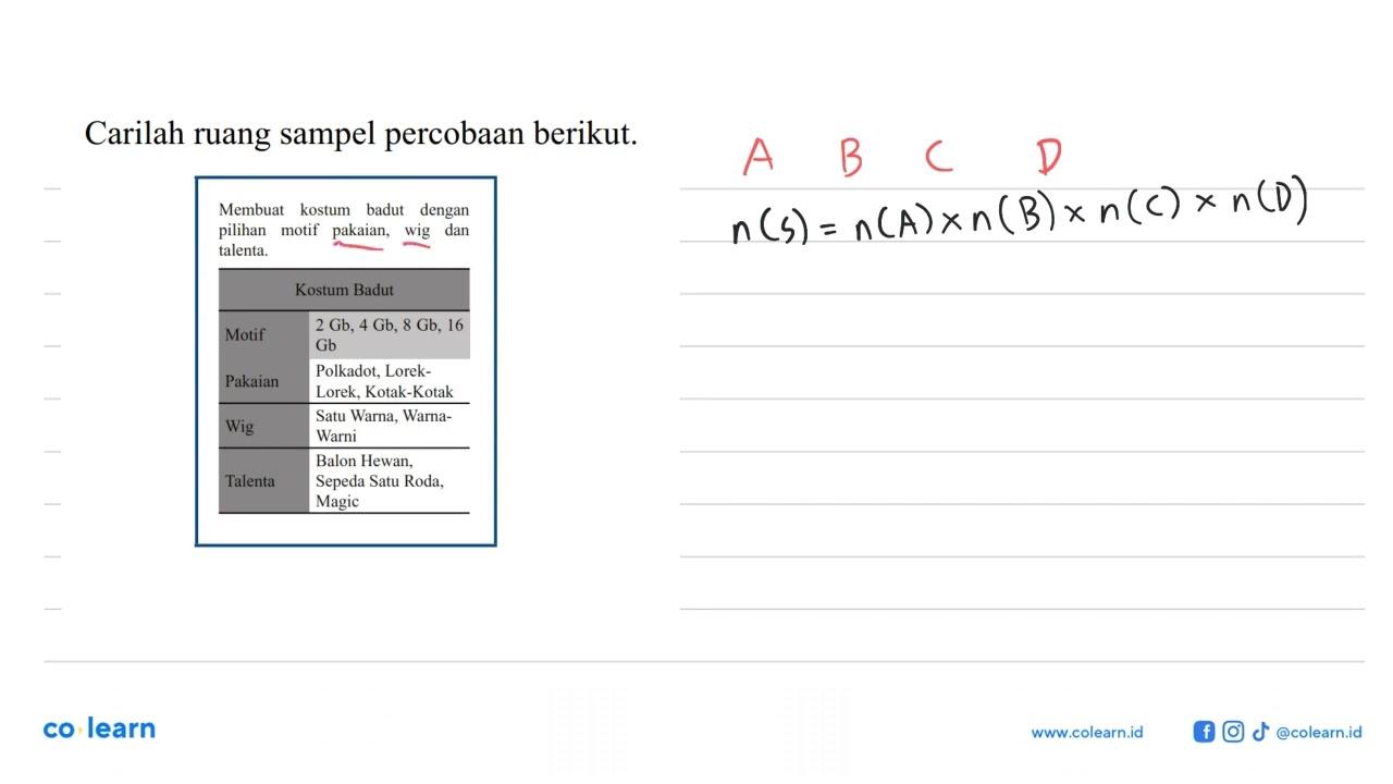 Carilah ruang sampel percobaan berikut. Membuat kostum