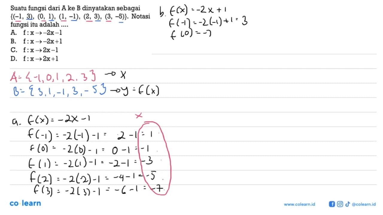 Suatu fungsi dari A ke B dinyatakan sebagai {(-1, 3), (0,