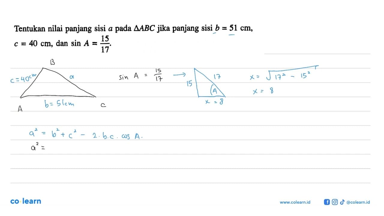 Tentukan nilai panjang sisi a pada segitiga ABC jika