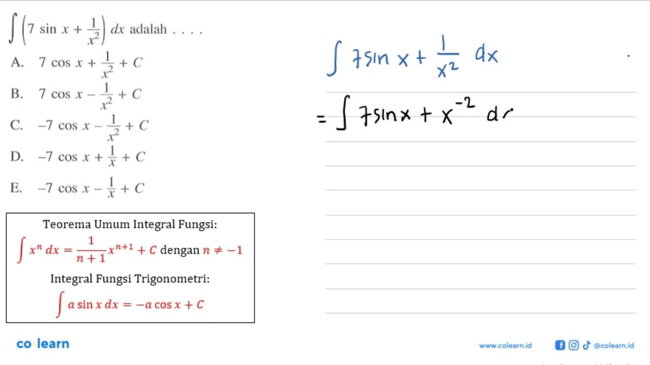 integral (7 sin x+(1/x^2)) dx adalah ...